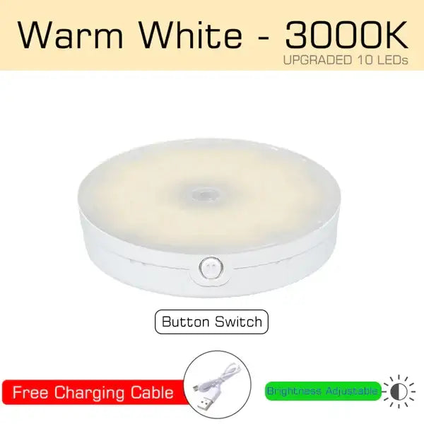 Modern white led motion sensor nightlight with warm white 3000k illumination and brightness button switch for stairs and closets