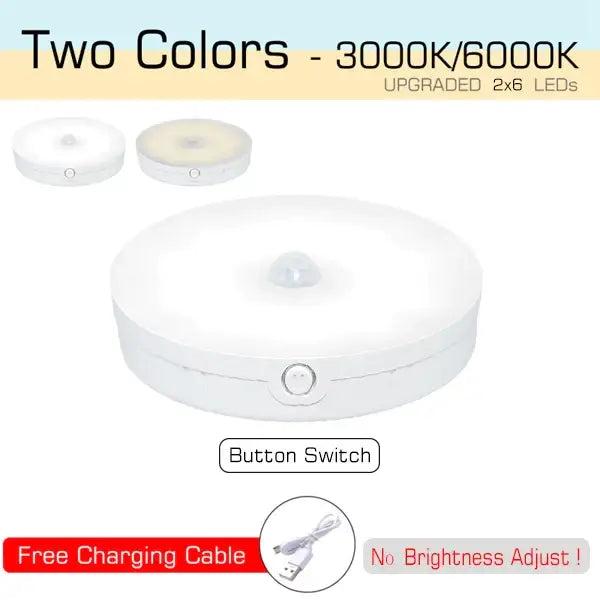 Modern white led motion sensor nightlight with circular design and button switch for stairs and closet use