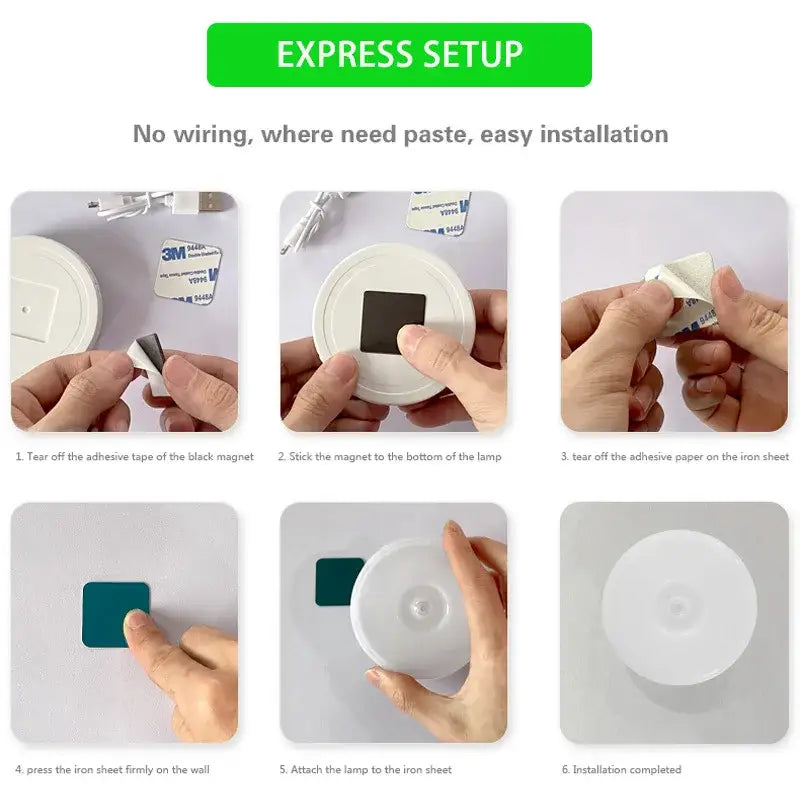 Modern white led motion sensor nightlight with circular magnetic design and adhesive tape for wall mounting