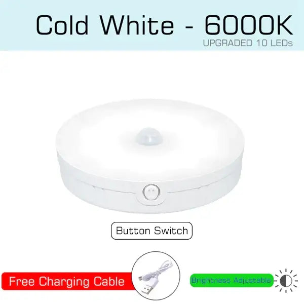 Modern white led motion sensor nightlight with circular design button switch for stairs and closet use