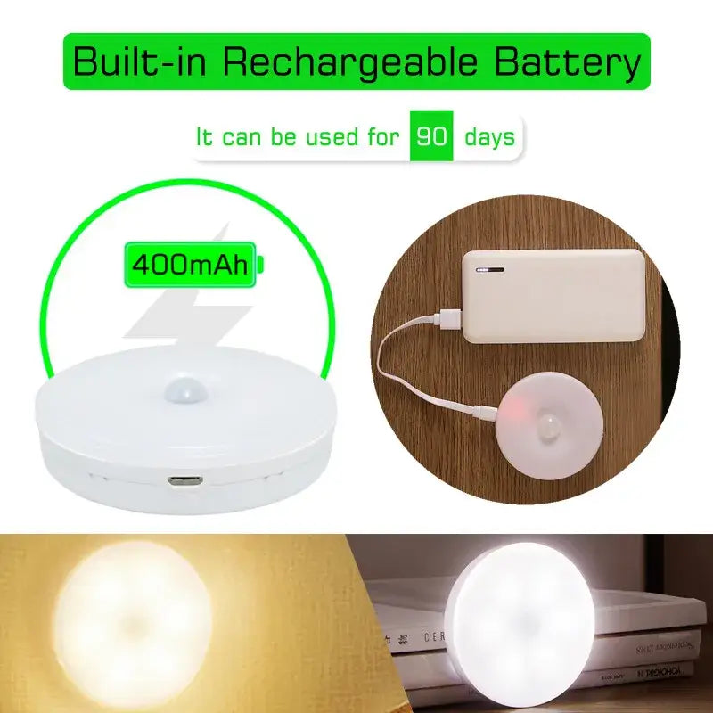 Modern white led motion sensor nightlight with circular design and built-in rechargeable battery for stairs and closet use