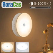 Modern white circular roracas led motion sensor nightlight with adjustable brightness for stairs and closet use