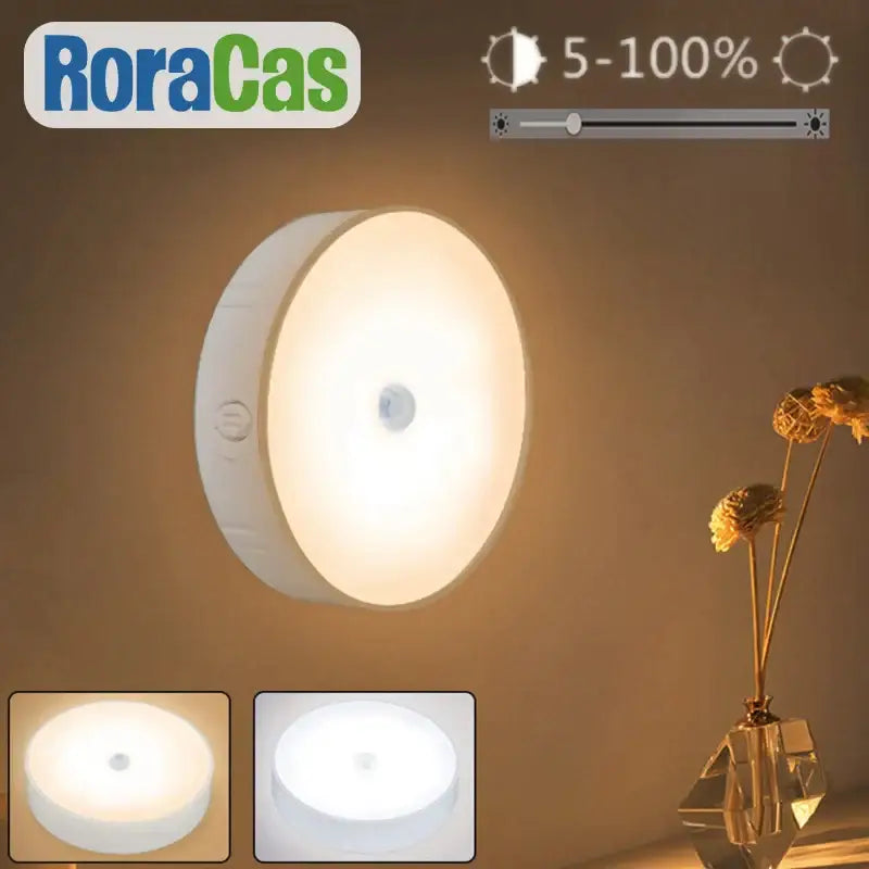 Modern white circular roracas led motion sensor nightlight with adjustable brightness for stairs and closet use