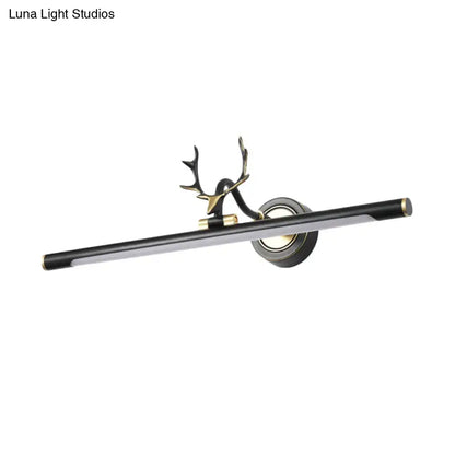 Modern white led toilet vanity light with black metal shade featuring black and gold deer antler-themed wall-mounted LED fixture