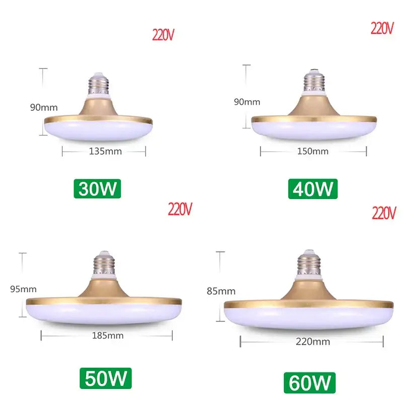 Modern white led ufo ceiling lamp with white and gold led bulbs featuring varying wattages for living room use