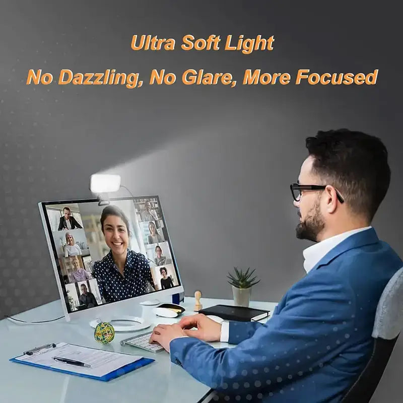 Modern white led video light desk lamp with flexible arm providing ultra soft glare-free illumination for video calls