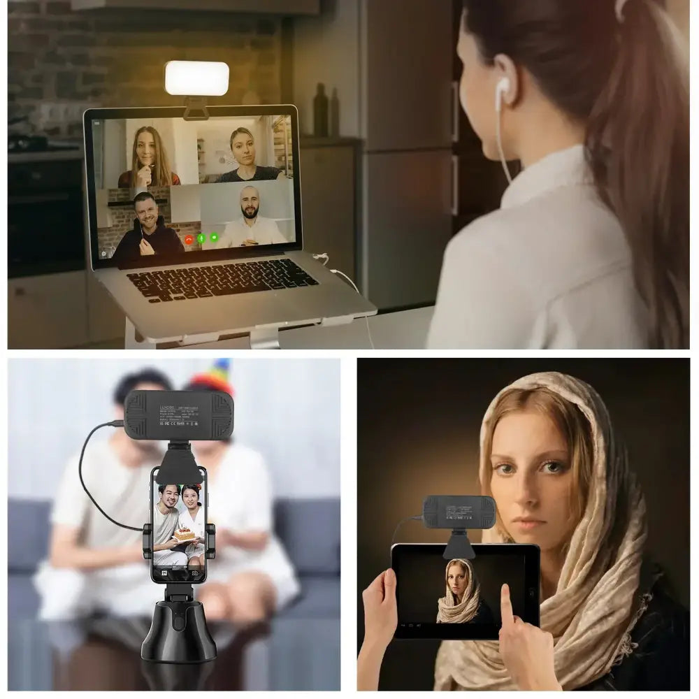 Black adjustable webcam mount with clip and stand for laptops and smartphones paired with modern white led video light