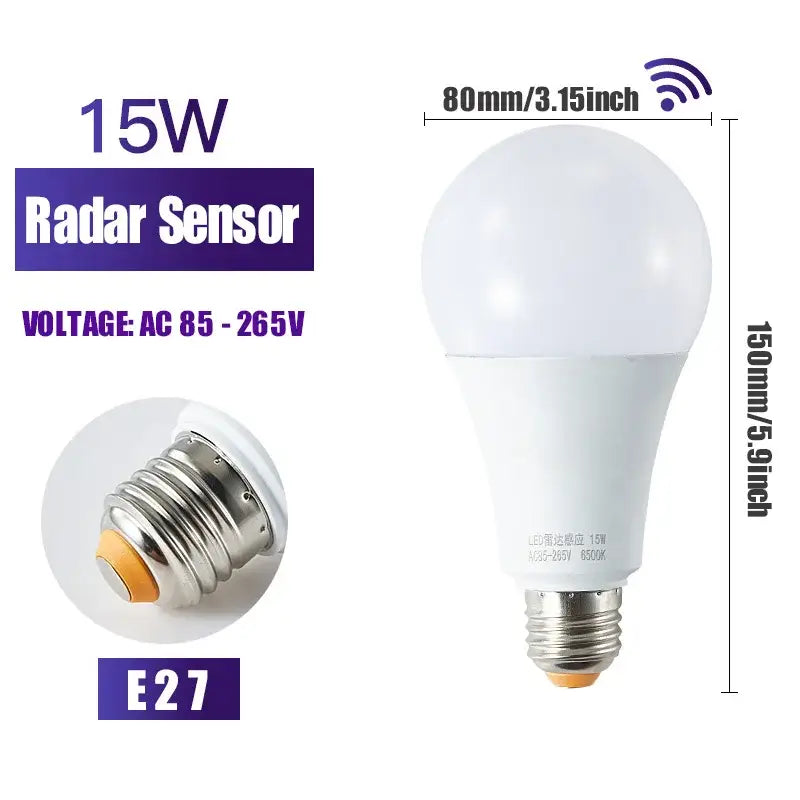 Modern white led wall lamp with frosted glass globe, metallic e27 base, 15w power and radar motion sensor technology