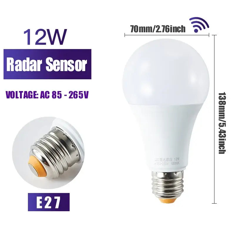 Modern white led wall lamp featuring a frosted glass globe and metallic e27 screw base with radar motion sensor