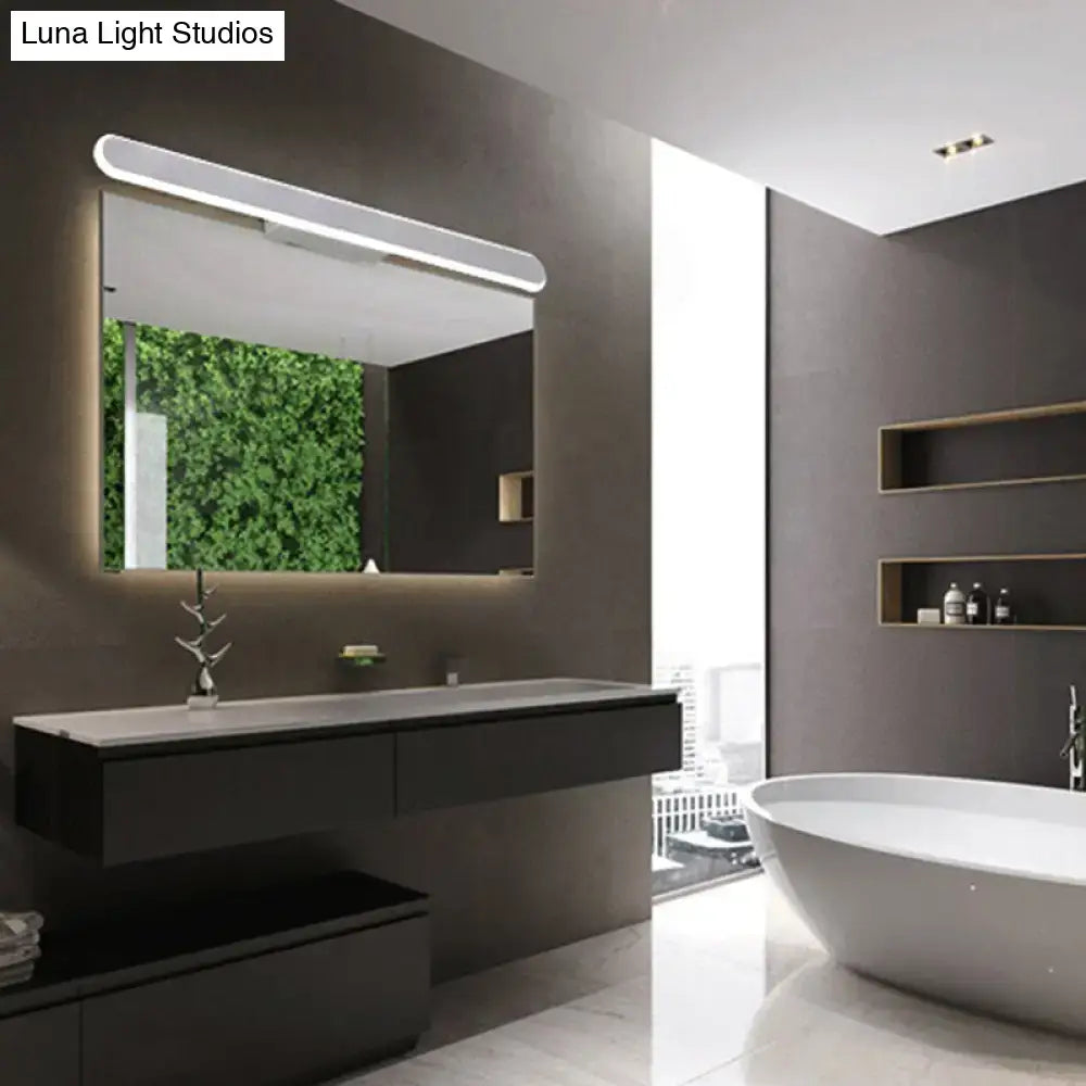 Modern white led wall light bathroom mirror fixture with integrated led lighting above a sleek black vanity wall light