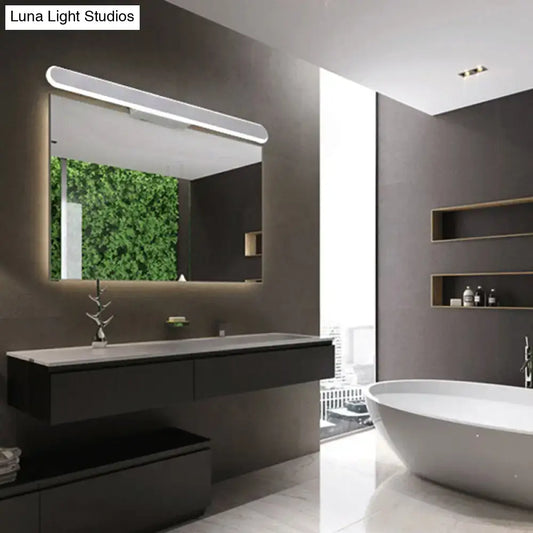 Modern white led wall light bathroom mirror fixture with integrated led lighting above a sleek black vanity wall light
