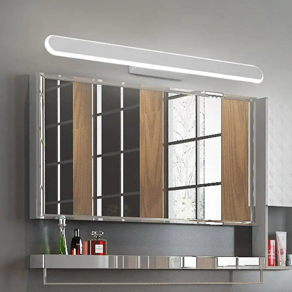 Modern white led wall light bathroom mirror fixture with silver frame wooden accents and integrated led light bar above