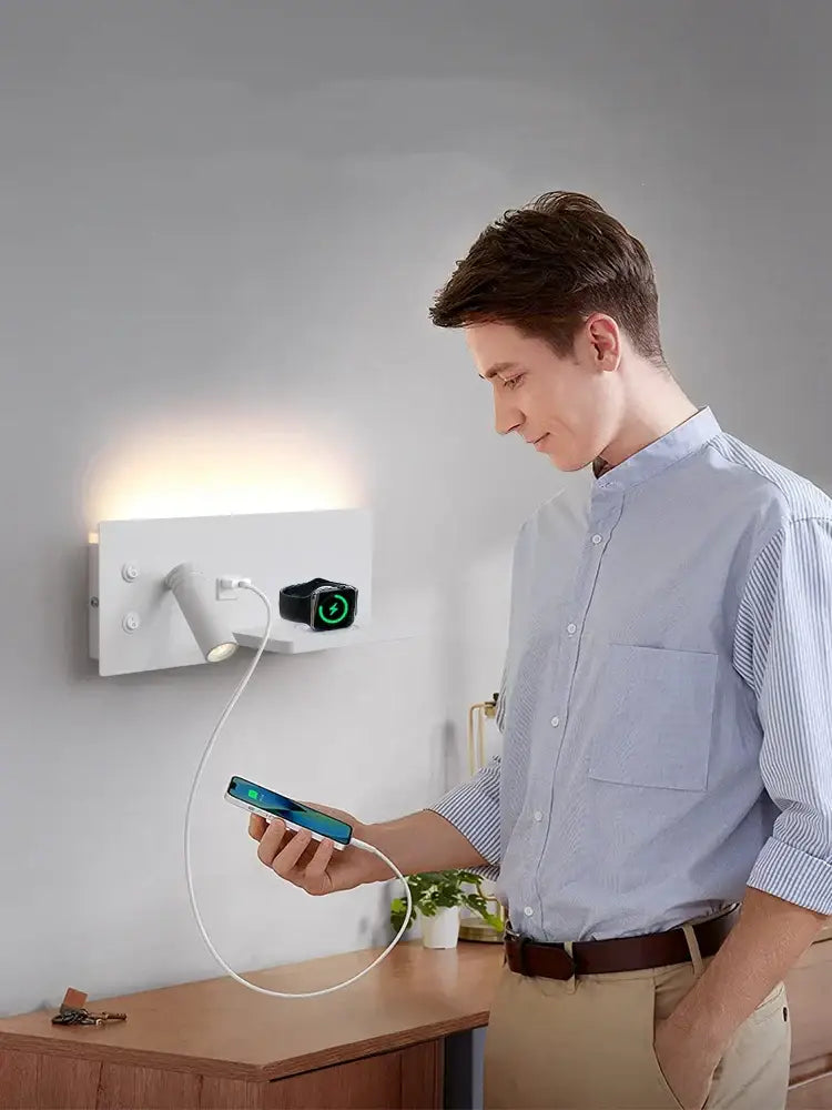 Modern white led wall lamp with usb charging station and integrated light for convenient bedroom decorbites led wall use