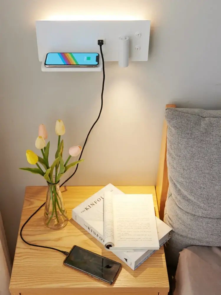 Modern white led wall lamp with usb charging shelf and integrated light for bedroom decorbites led wall light