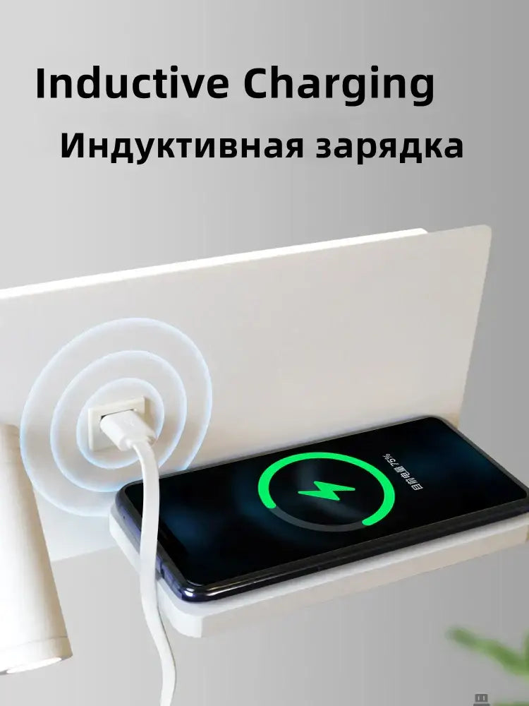 Modern white led wall lamp with usb charging featuring sleek wireless charging pad and active smartphone charge icon