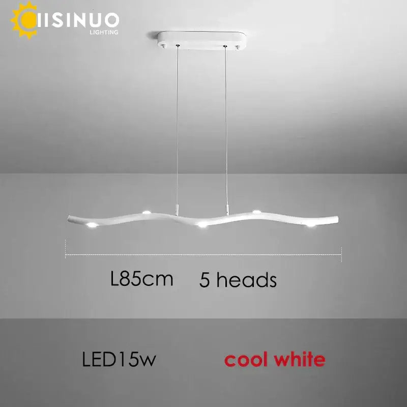 Modern white led wave pendant light with five curved arms and cool white illumination for dining room decorbites pendant light