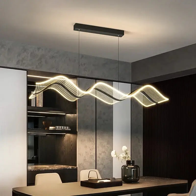 Modern black rectangular pendant light with glowing wave-shaped led design for living room kitchen decorbites led wave