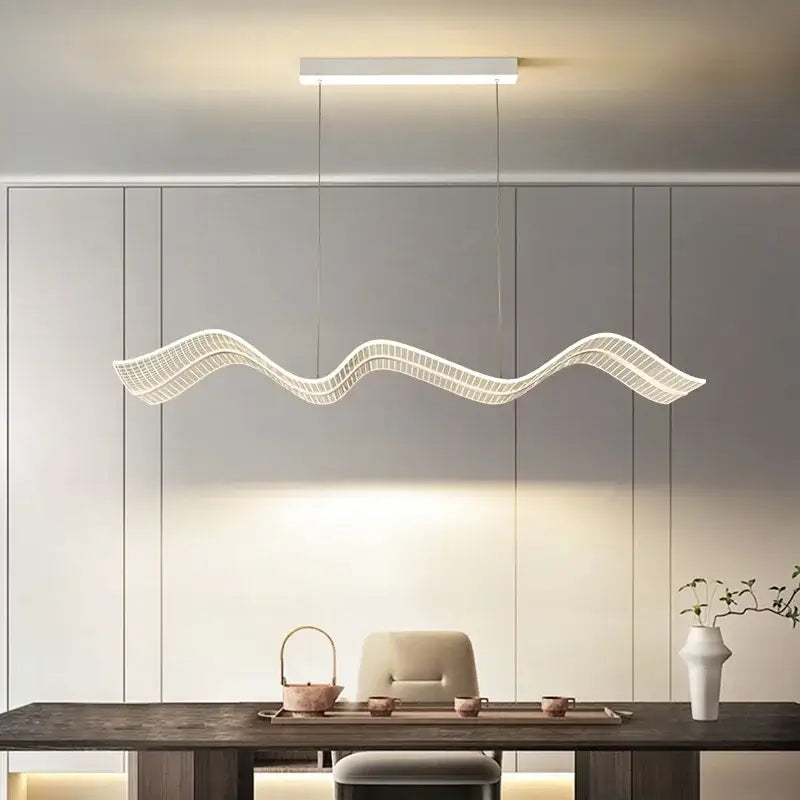 Modern white led wave pendant light with woven mesh design and sleek cords for living room and kitchen decorbites pendant light