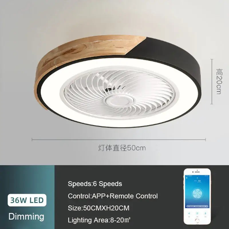 Modern white and light wood 52cm ceiling fan light with wood-grain black matte finish for living room use