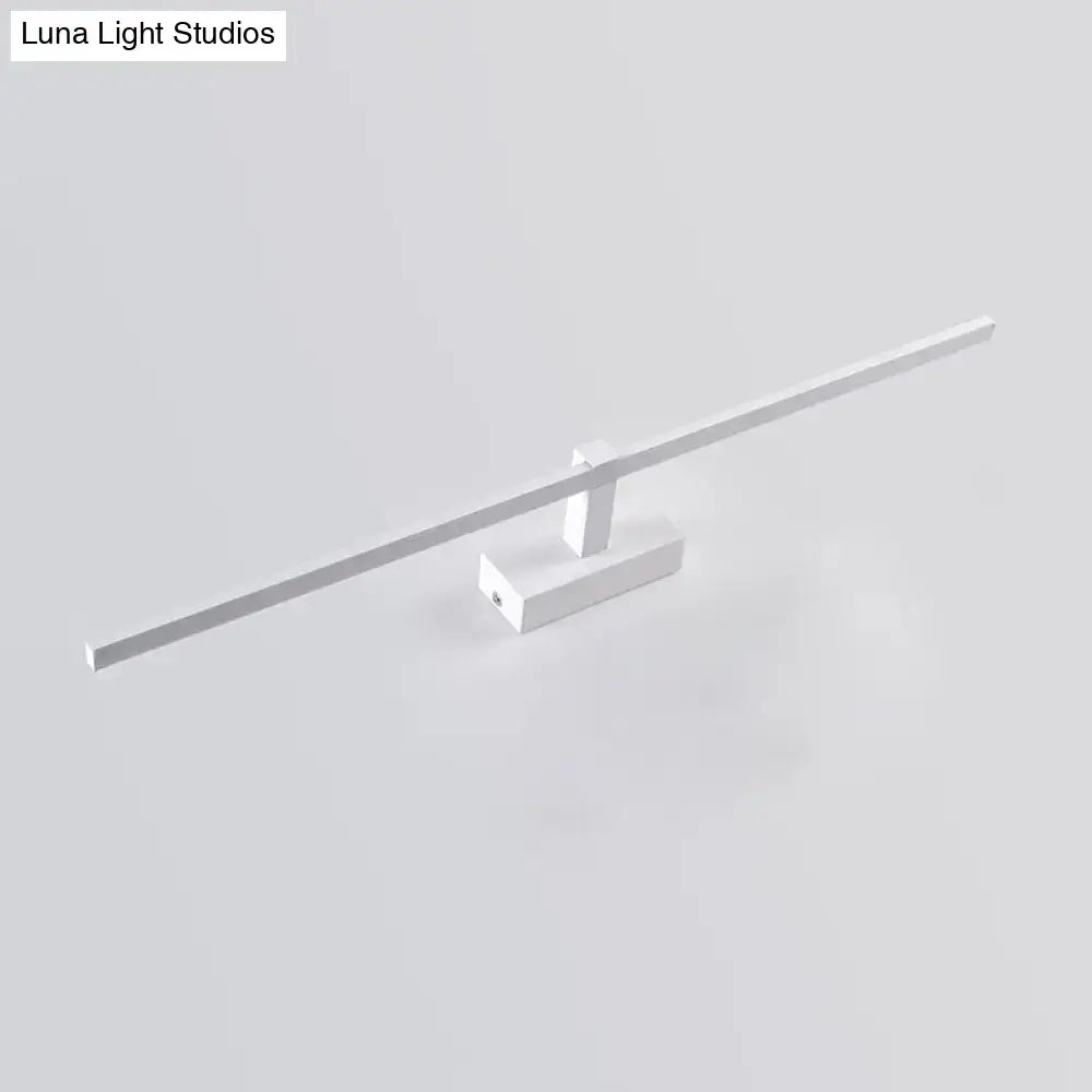Modern white led wall sconce with a sleek minimalist design and slim rectangular bar for bathroom vanity lighting