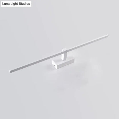 Modern white led wall sconce with a sleek minimalist design and slim rectangular bar for bathroom vanity lighting