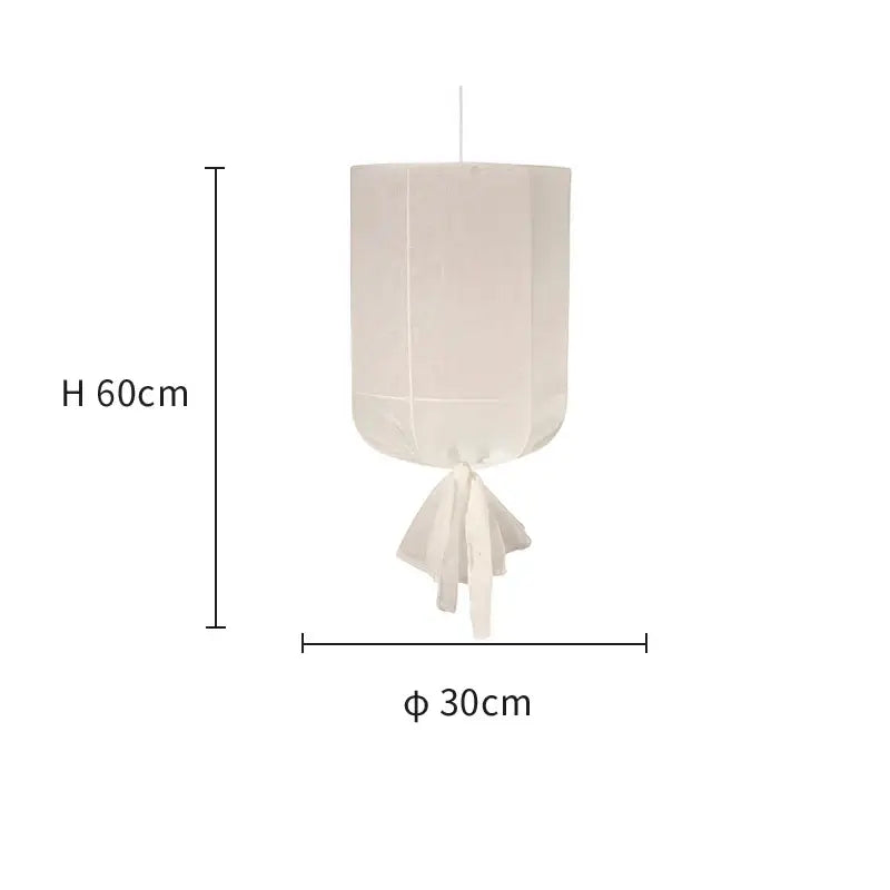 Modern white linen cotton pendant lamp featuring a minimalist off-white fabric lantern with tied ribbon and hanging cord