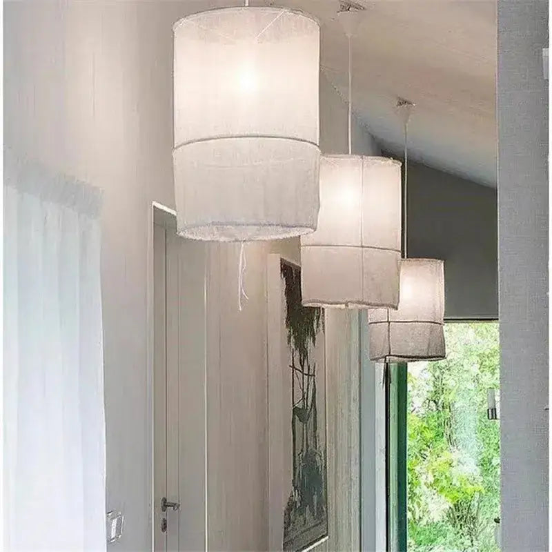 Modern white linen cotton pendant lamp with sheer fabric and subtle bands for kitchen island lighting decorbites linen cotton pendant