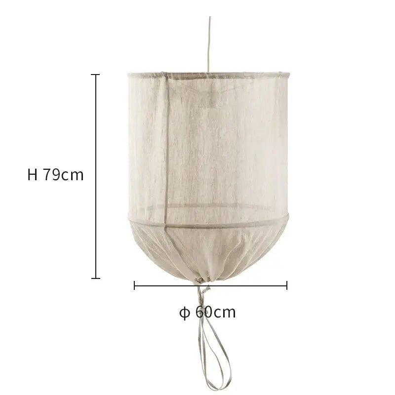 Beige cylindrical linen cotton pendant lamp with drawstring closure and thin cord for kitchen island lighting decorbites
