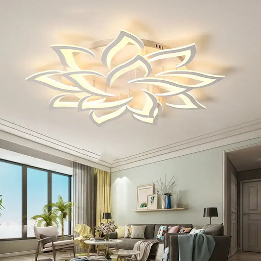 Modern white lotus flower ceiling light chandelier with delicate layered LED design for living room use