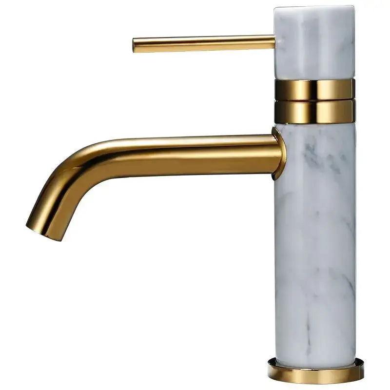 A modern white marble bathroom faucet with brushed gold trim and swivel spout decorbites brushed gold design