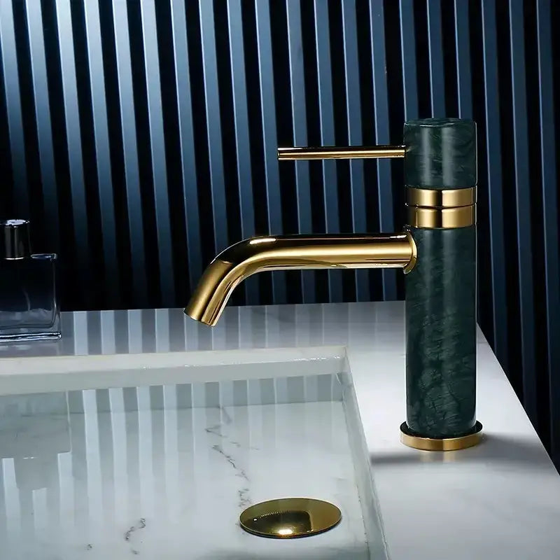 Modern white marble bathroom faucet with dark green marble body and decorbites brushed gold swivel spout design