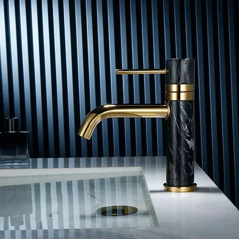 Modern white marble bathroom faucet with brushed gold accents and swivel spout for elegant decorbites brushed gold bathroom decor