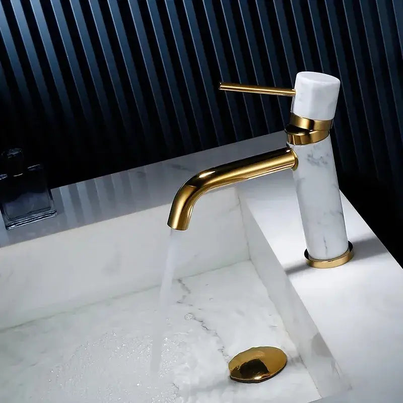 Modern white marble and brushed gold bathroom faucet with elegant curves and swivel spout for decorbites brushed gold decor