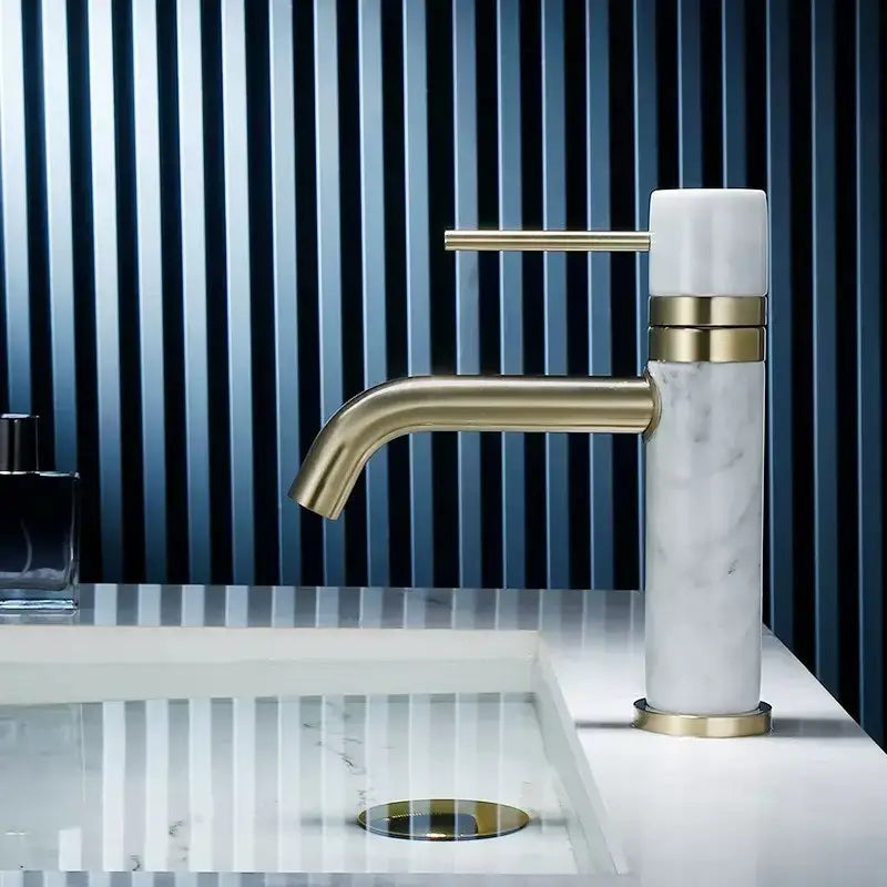 Modern white marble bathroom faucet with brushed gold trim and swivel spout decorbites brushed gold bathroom design