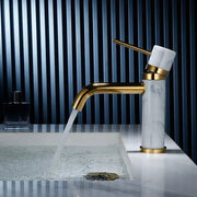 Modern white marble bathroom faucet with brushed gold accents and elegant curved swivel spout for decorbites brushed gold bathroom decor