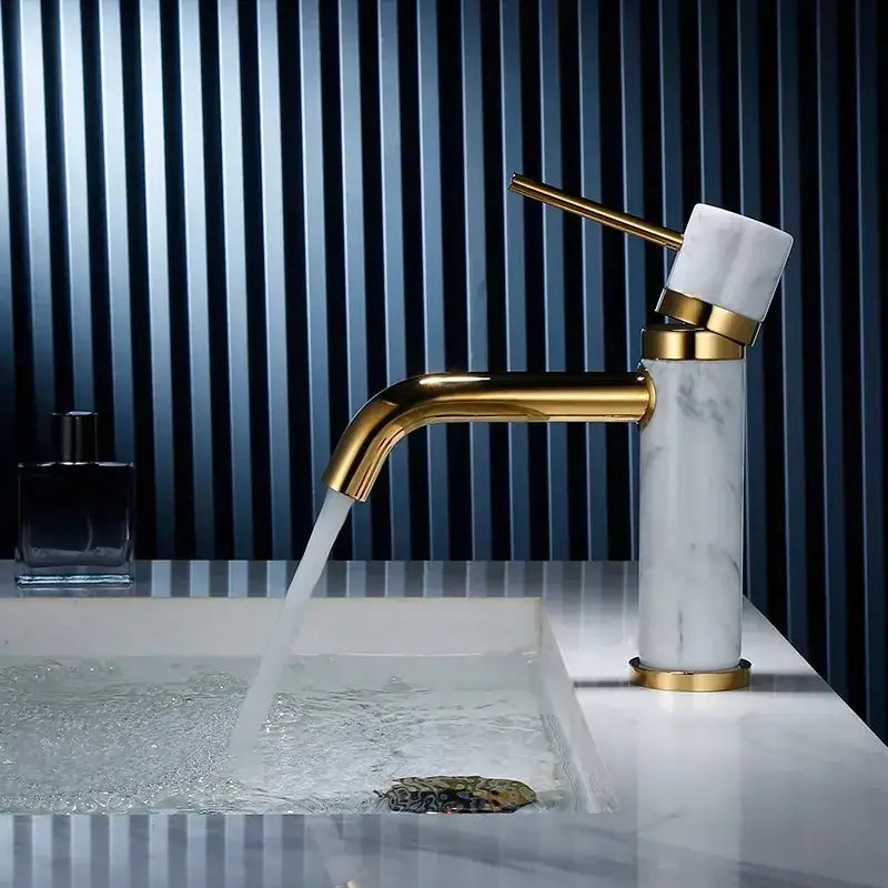 Modern white marble bathroom faucet with brushed gold accents and elegant curved swivel spout for decorbites brushed gold bathroom decor