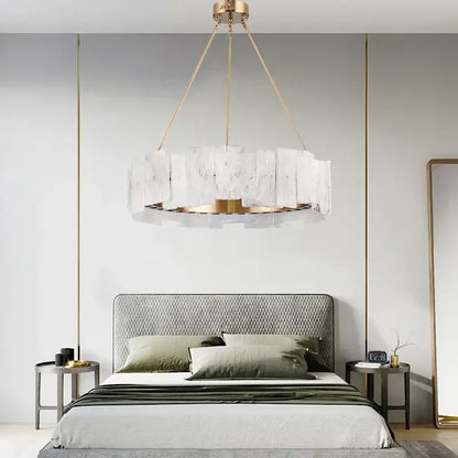 Modern white marble and gold cloud mist glass pendant lights with circular gold-toned arms for dining room decorbites cloud mist