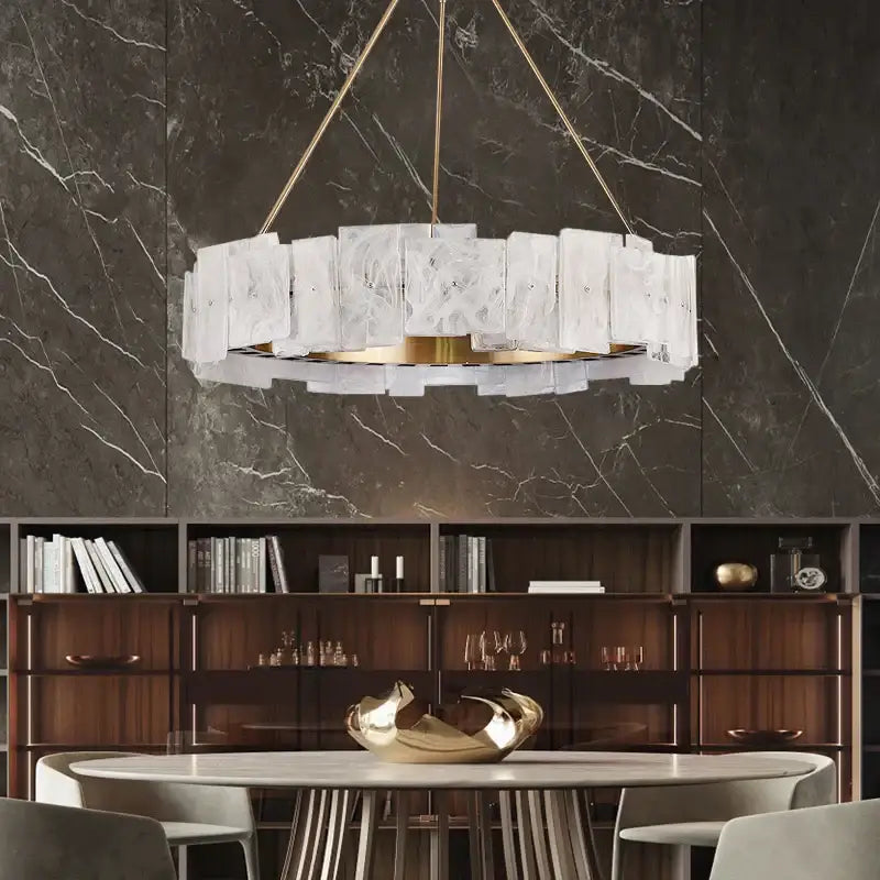 Modern white marble and gold cloud mist glass pendant lights featuring translucent panels for dining room decorbites cloud mist