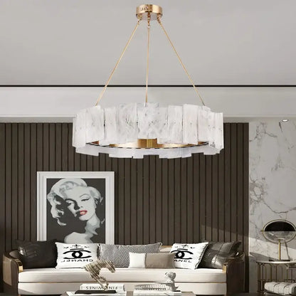 Gold-toned modern pendant lights with translucent white marble-like cloud mist glass panels for dining room decorbites cloud mist