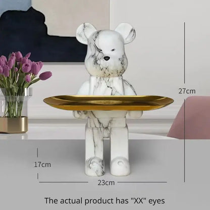 Modern white marble-patterned bear figurine sculpture holding a gold tray for elegant living room decor