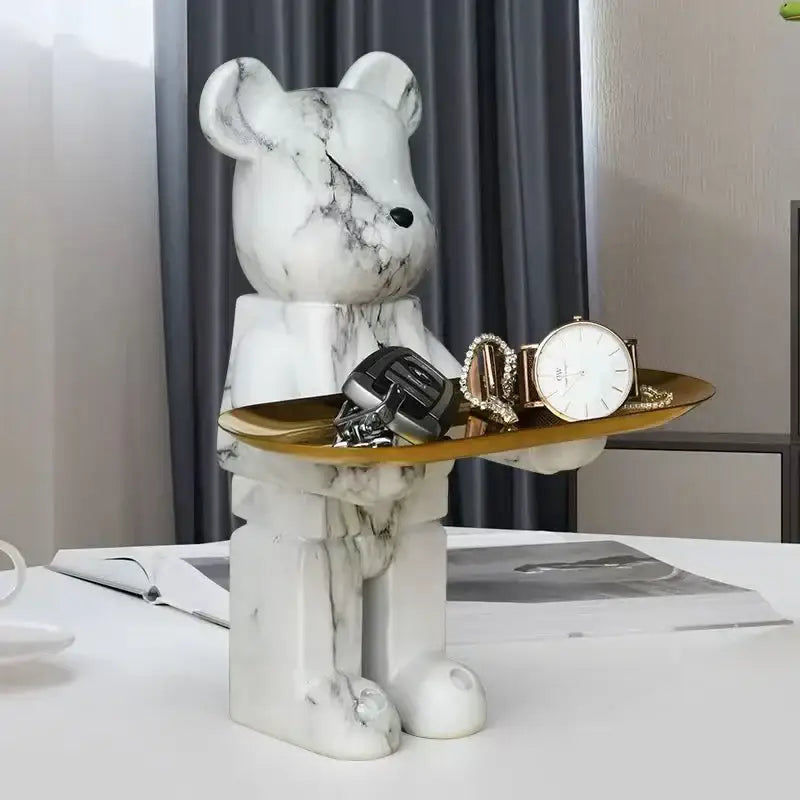 Modern white marble bear figurine sculpture holding a gold tray for living room decor