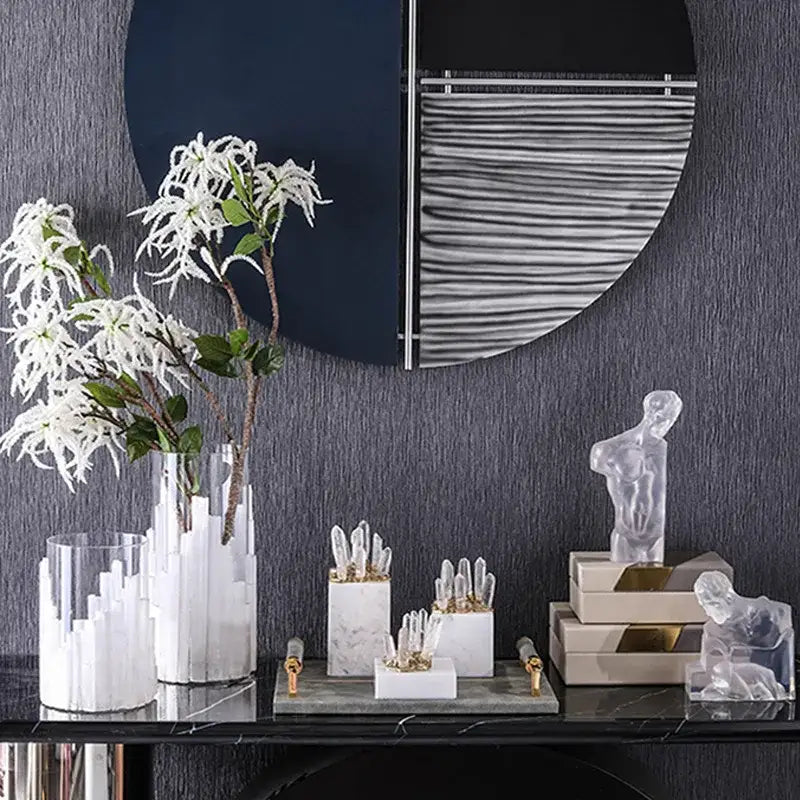 Modern white marble crystal stone vase with vertical white crystal columns and delicate white flowers for living room decor