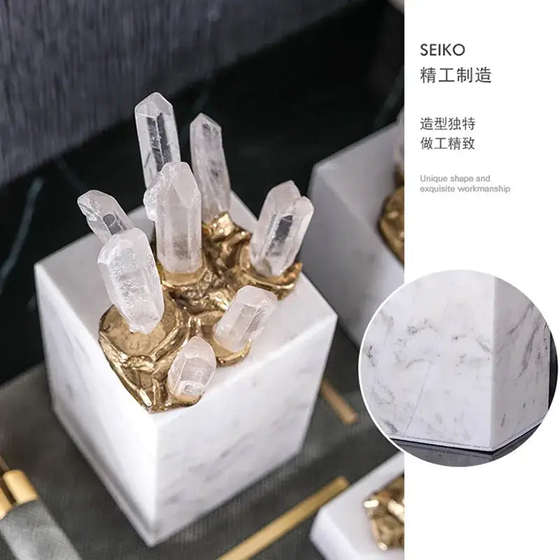 Modern white marble crystal stone sculpture with clear quartz crystals and gold leaf accents for living room decor
