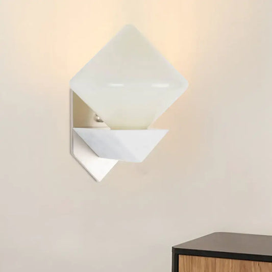Modern white marble triangle wall sconce with frosted glass shade and metallic wall mount for 220v-240v 110v-120v use