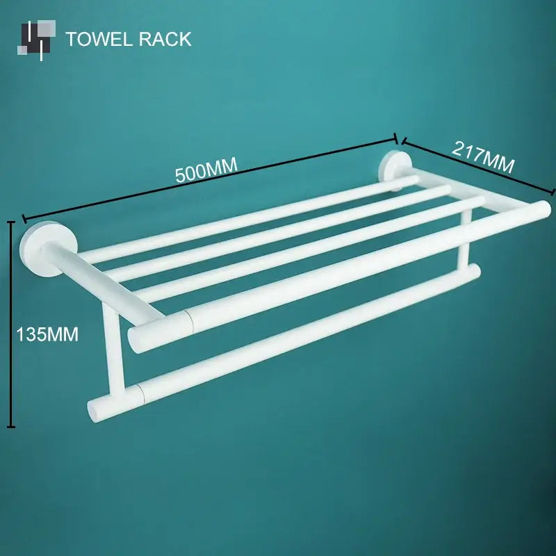 Modern white matte metal double-tiered towel rack with four bars and circular mounts from decorbites bathroom accessory set