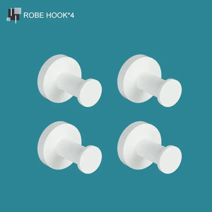 Set of four white matte metal robe hooks with smooth rounded design from modern decorbites bathroom accessory set