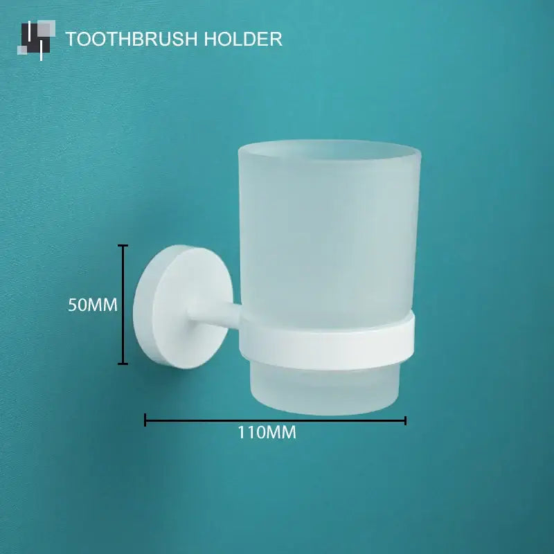 Frosted glass toothbrush holder with white plastic wall mount and base in modern white matte metal decorbites bathroom accessory set