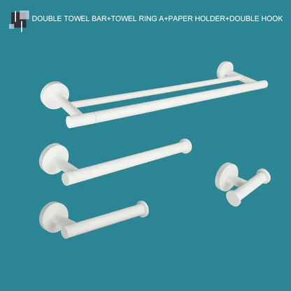 Modern white matte metal decorbites bathroom accessory set with double towel bar, single towel ring, paper holder, and double hook