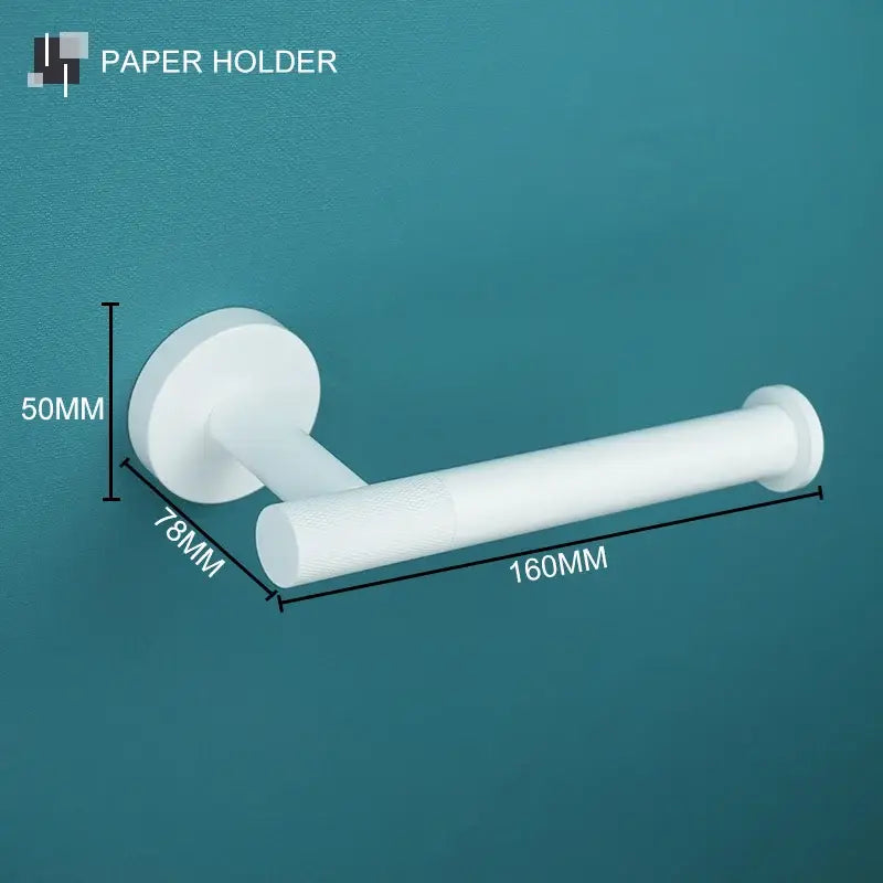 Modern white matte metal bathroom accessory set featuring a white plastic paper holder with circular base decorbites bathroom accessory
