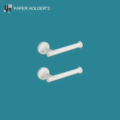 Modern white matte metal bathroom accessory set featuring white plastic paper holders with circular mounting plates decorbites bathroom accessory